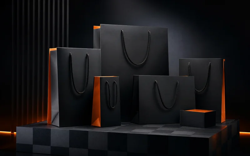Matte black shopping bags with orange interiors on a subtle checkered plinth