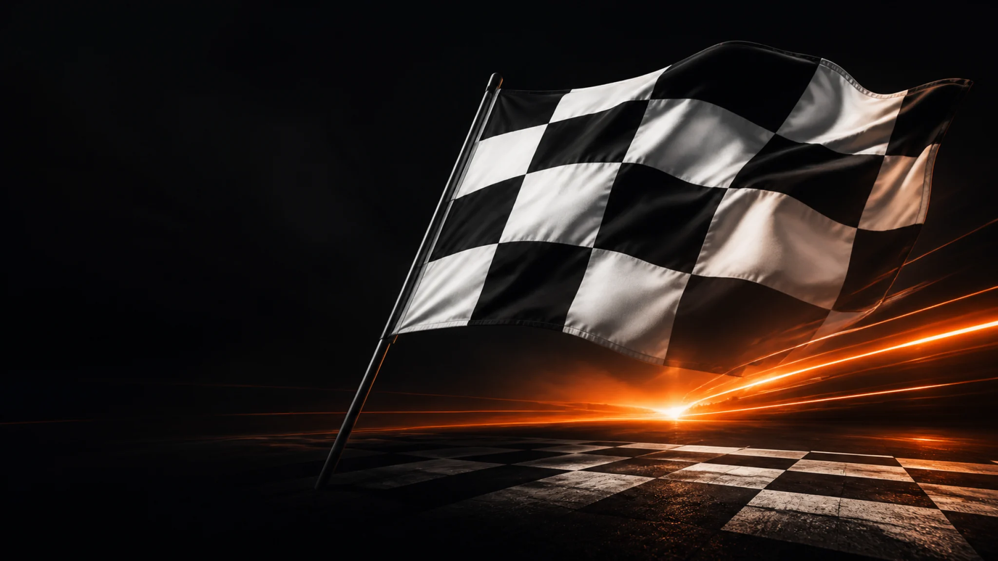 A black-and-white checkered flag sweeping above a finish line lit by vivid orange streaks.