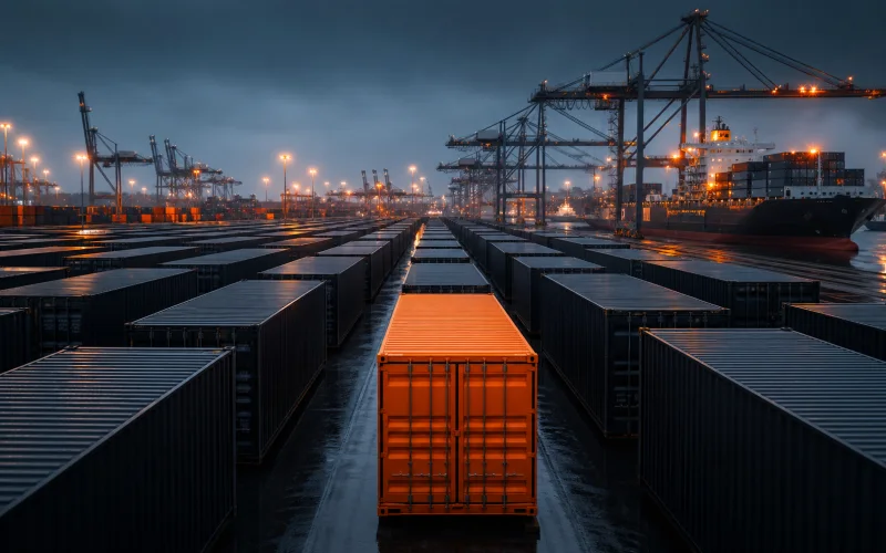 Precisely aligned dark cargo containers with one vivid orange container at port