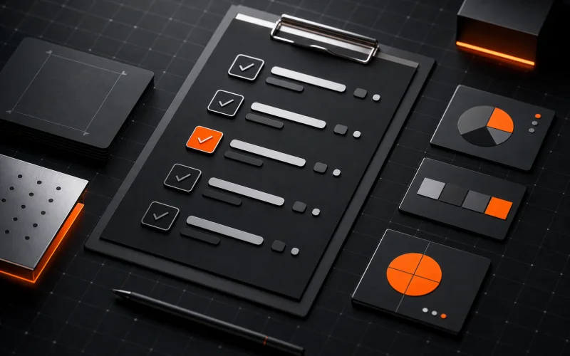 A precise dark project board with completed check marks and orange accents