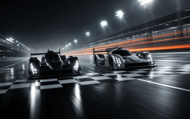 Two unbranded endurance race cars crossing a checkered finish line at night