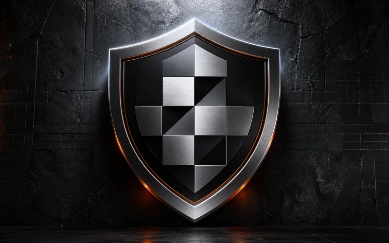 A black and silver shield with a geometric checker inset on dark stone
