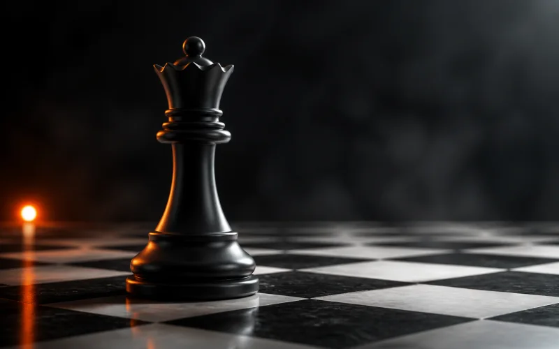 A matte black chess queen on a black-and-white board with orange edge light