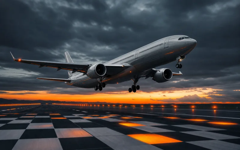 An unbranded passenger jet lifting above an abstract checkered runway at sunset